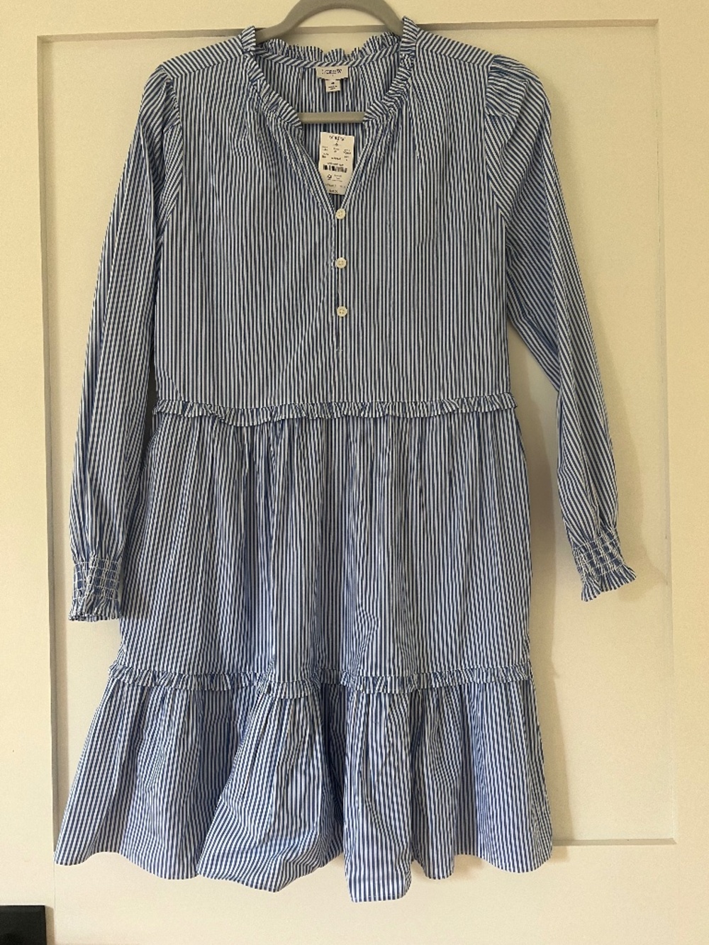 J Crew Factory Blue and White Striped Long Sleeve Dress with Ruffle Trim, NWT